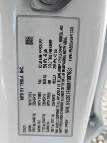 Aukcja sprzedaży 2021 Tesla Model 3, vin: 5YJ3E1EA0MF907831, numer aukcji: 54887036
