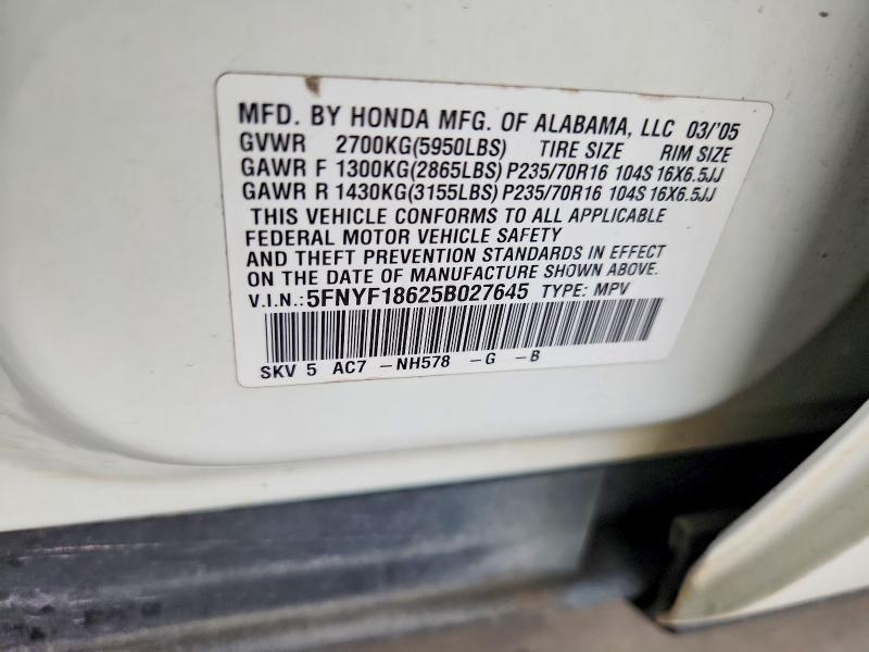 54169056 :رقم المزاد ، 5FNYF18625B027645 vin ، 2005 Honda Pilot مزاد بيع