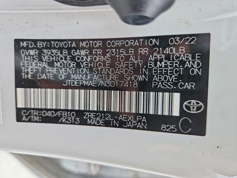 Продаж на аукціоні авто 2022 Toyota Corolla, vin: JTDEPMAE7N3017418, номер лоту: 52449196