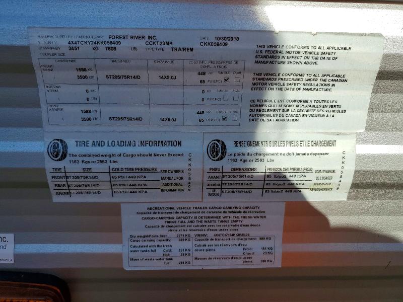 Продажа на аукционе авто 2019 Cherokee By Forest R Recreational Vehicle (rv), vin: 4X4TCKY24KK058409, номер лота: 53333576
