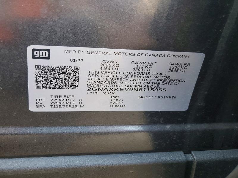 53873286 :رقم المزاد ، 2GNAXKEV9N6115055 vin ، 2022 Chevrolet Equinox مزاد بيع