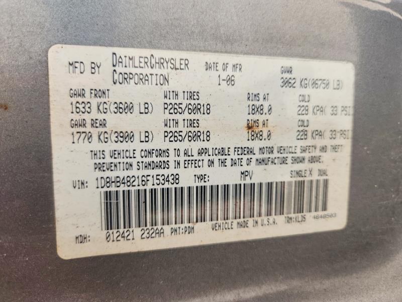 53605576 :رقم المزاد ، 1D8HB48216F153438 vin ، 2006 Dodge Durango مزاد بيع