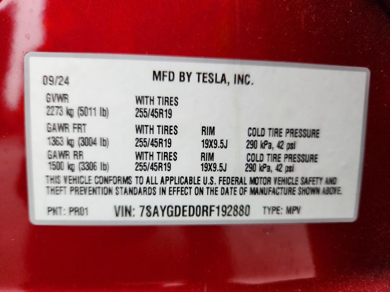 Продаж на аукціоні авто 2024 Tesla Model Y, vin: 7SAYGDED0RF192880, номер лоту: 53287636