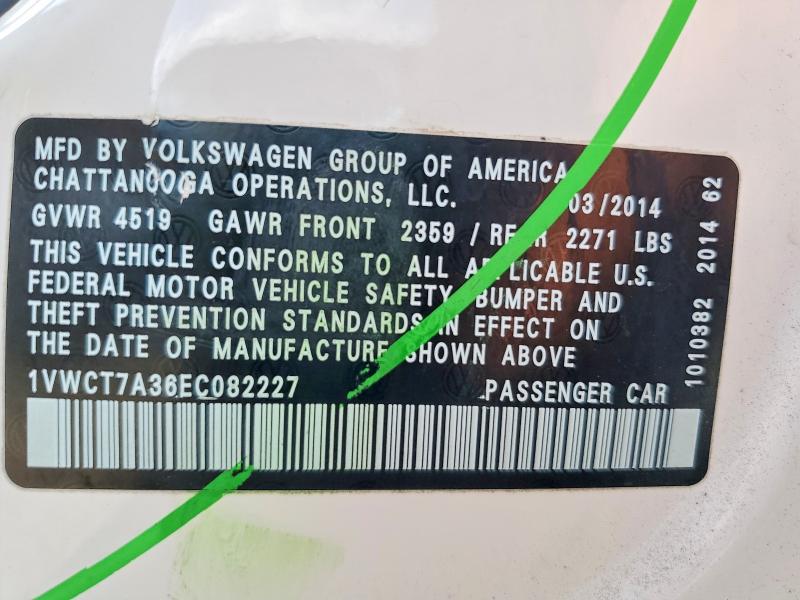 Продаж на аукціоні авто 2014 Volkswagen Passat, vin: 1VWCT7A36EC082227, номер лоту: 50476366
