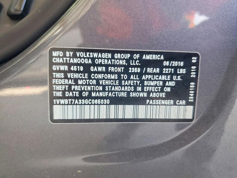 Продаж на аукціоні авто 2016 Volkswagen Passat, vin: 1VWBT7A33GC065030, номер лоту: 53649506