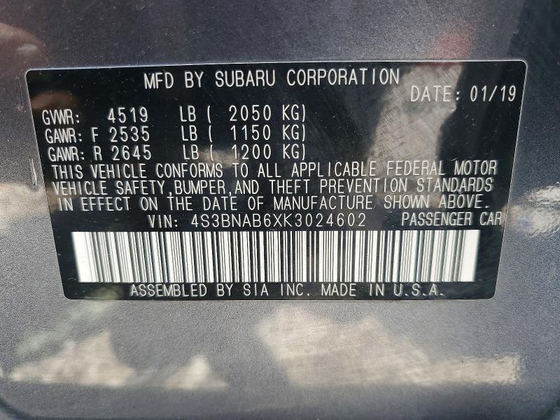 Aukcja sprzedaży 2019 Subaru Legacy, vin: 4S3BNAB6XK3024602, numer aukcji: 52612576