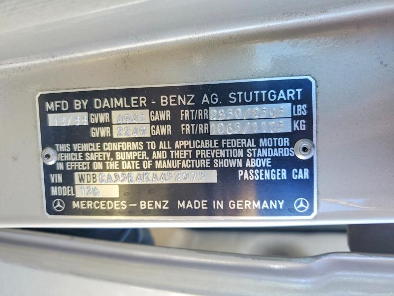 1989 Mercedes-benz 420 მანქანა იყიდება აუქციონზე, vin: WDBCA35E4KA452075, აუქციონის ნომერი: 55217286