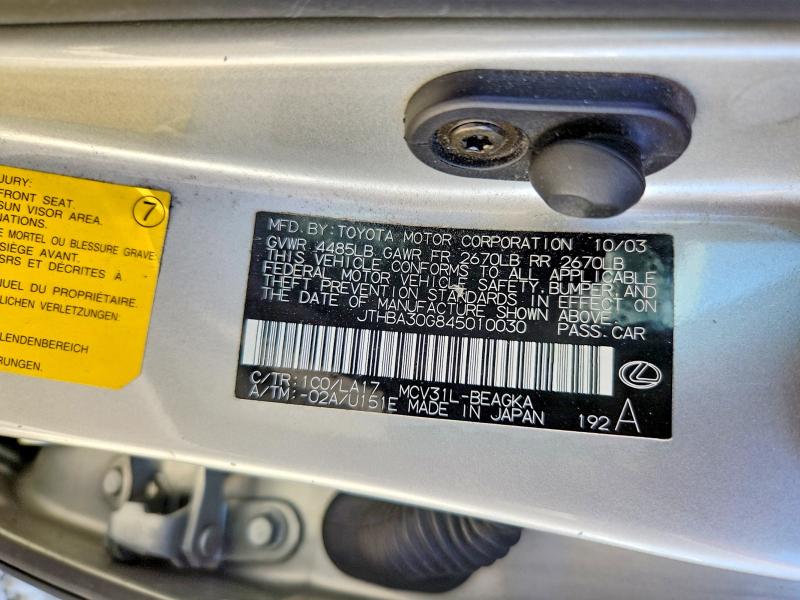 53646736 :رقم المزاد ، JTHBA30G845010030 vin ، 2004 Lexus Es مزاد بيع