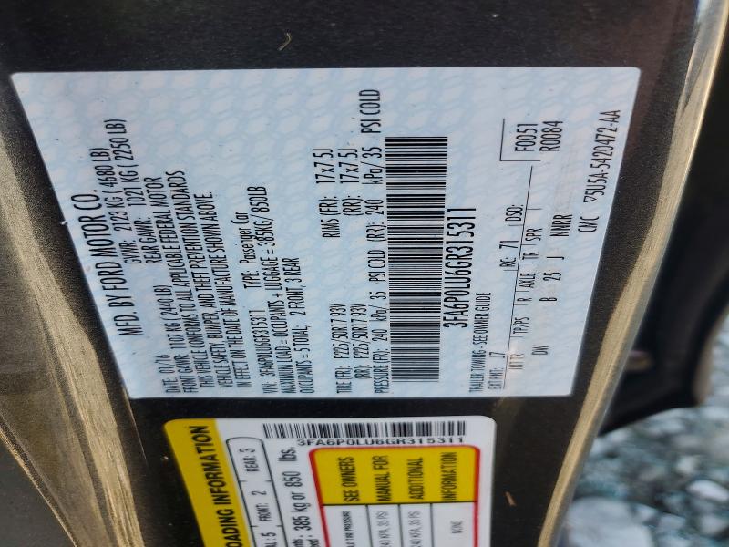 Aukcja sprzedaży 2016 Ford Fusion, vin: 3FA6P0LU6GR315311, numer aukcji: 55410006