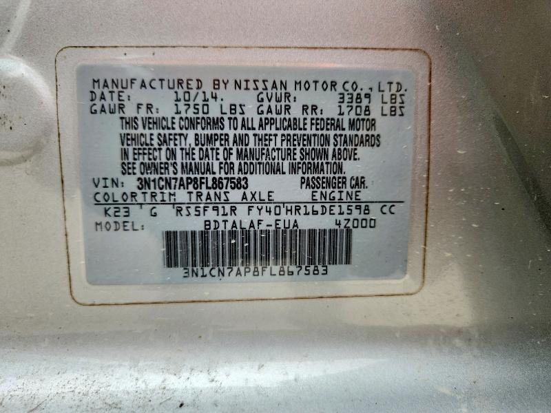 Aukcja sprzedaży 2015 Nissan Versa, vin: 3N1CN7AP8FL867583, numer aukcji: 55113296