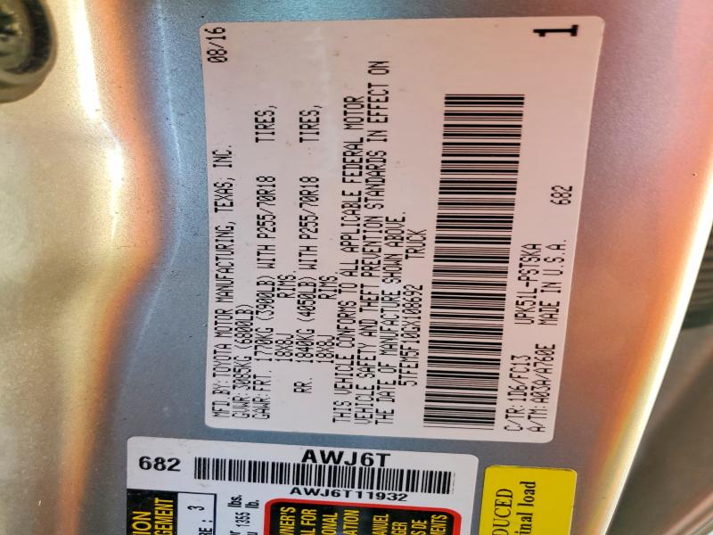 2016 Toyota Tundra მანქანა იყიდება აუქციონზე, vin: 5TFEM5F10GX108692, აუქციონის ნომერი: 51920846