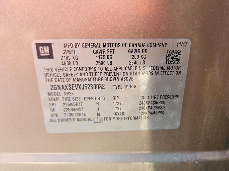 Продаж на аукціоні авто 2018 Chevrolet Equinox, vin: 2GNAXSEVXJ6230032, номер лоту: 52875216