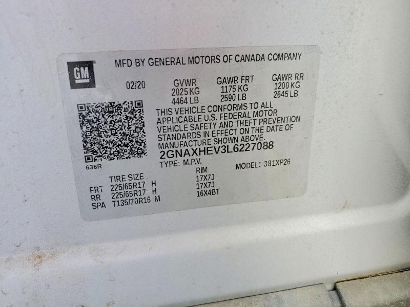 Aukcja sprzedaży 2020 Chevrolet Equinox, vin: 2GNAXHEV3L6227088, numer aukcji: 54106626