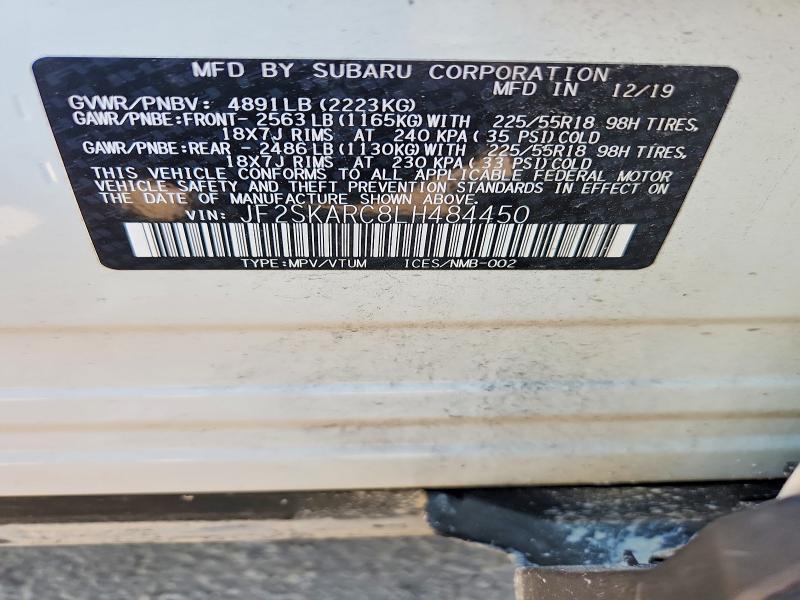 2020 Subaru Forester მანქანა იყიდება აუქციონზე, vin: JF2SKARC8LH484450, აუქციონის ნომერი: 53105216