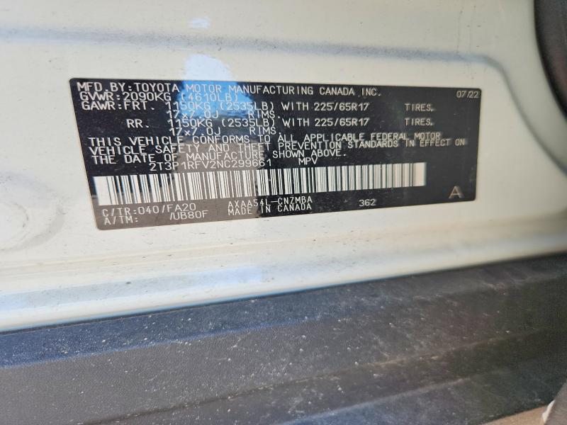 53268086 :رقم المزاد ، 2T3P1RFV2NC299661 vin ، 2022 Toyota Rav4 مزاد بيع