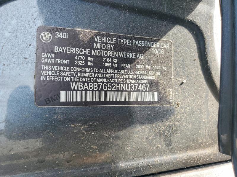 55020406 :رقم المزاد ، WBA8B7G52HNU37467 vin ، 2017 Bmw 340 مزاد بيع