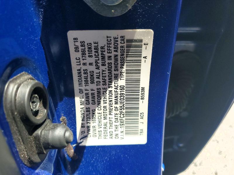 Продаж на аукціоні авто 2018 Honda Civic, vin: 19XFC2F55JE039160, номер лоту: 54602036
