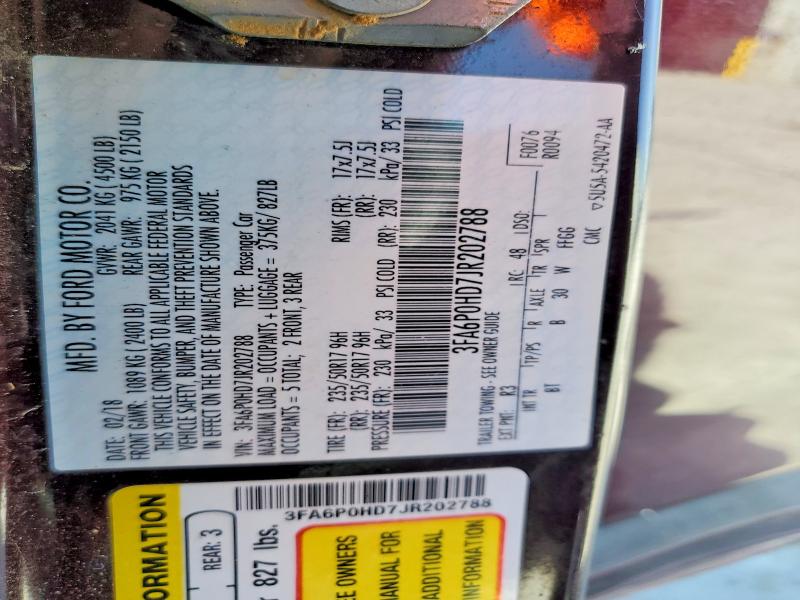 53181756 :رقم المزاد ، 3FA6P0HD7JR202788 vin ، 2018 Ford Fusion مزاد بيع