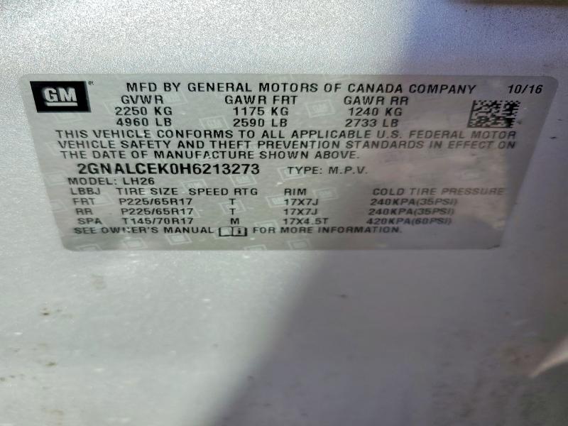 2017 Chevrolet Equinox მანქანა იყიდება აუქციონზე, vin: 2GNALCEK0H6213273, აუქციონის ნომერი: 55629686