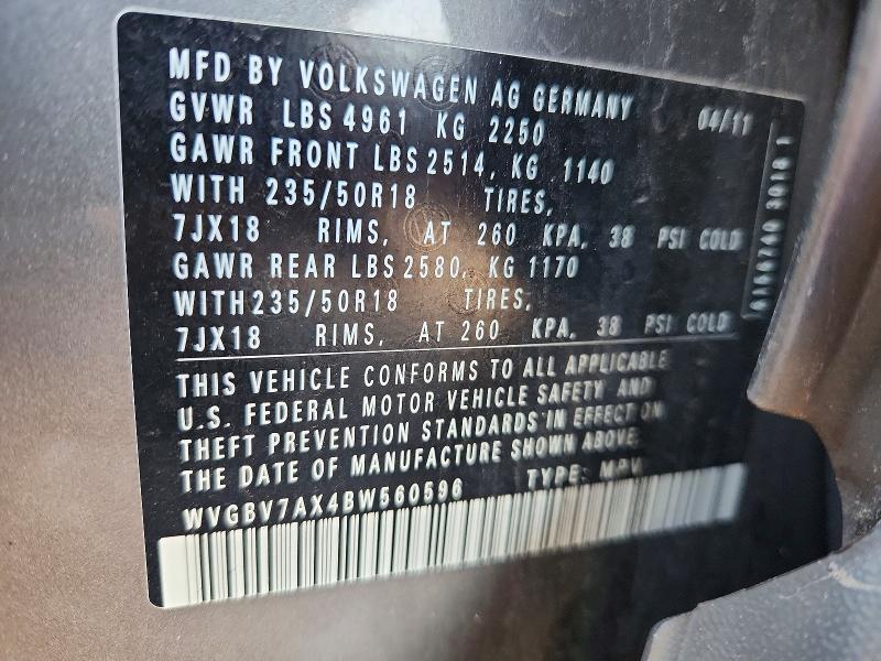 54691776 :رقم المزاد ، WVGBV7AX4BW560596 vin ، 2011 Volkswagen Tiguan مزاد بيع