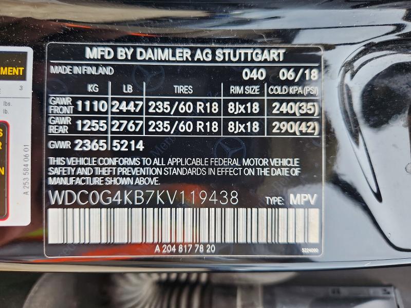 2019 Mercedes-benz Glc მანქანა იყიდება აუქციონზე, vin: WDC0G4KB7KV119438, აუქციონის ნომერი: 55235386