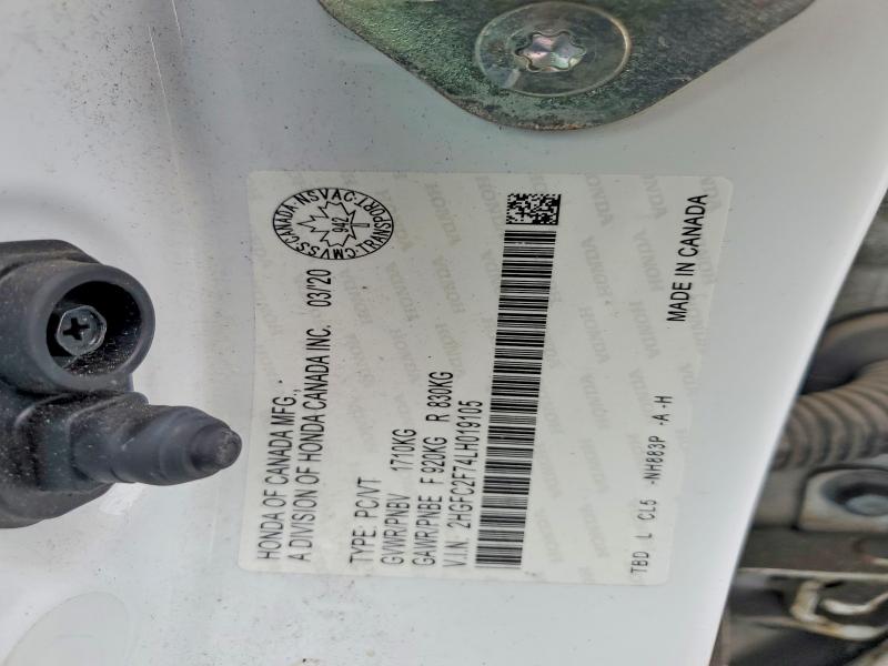 2020 Honda Civic მანქანა იყიდება აუქციონზე, vin: 2HGFC2F74LH019105, აუქციონის ნომერი: 54991876