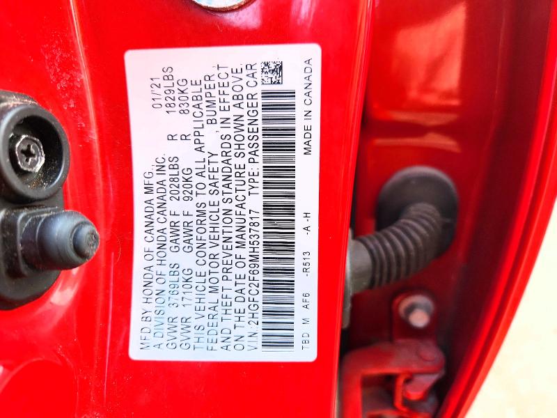 2021 Honda Civic მანქანა იყიდება აუქციონზე, vin: 2HGFC2F69MH537817, აუქციონის ნომერი: 53961806