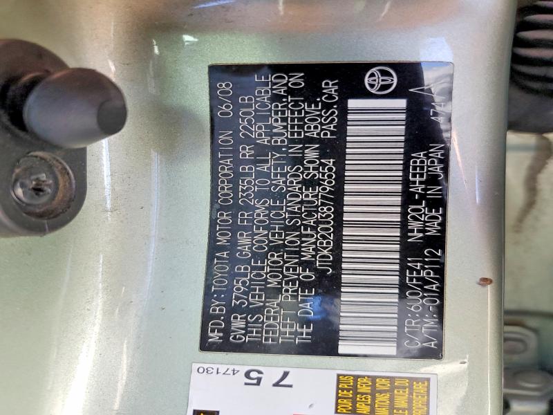 Aukcja sprzedaży 2008 Toyota Prius, vin: JTDKB20U387796554, numer aukcji: 52717776