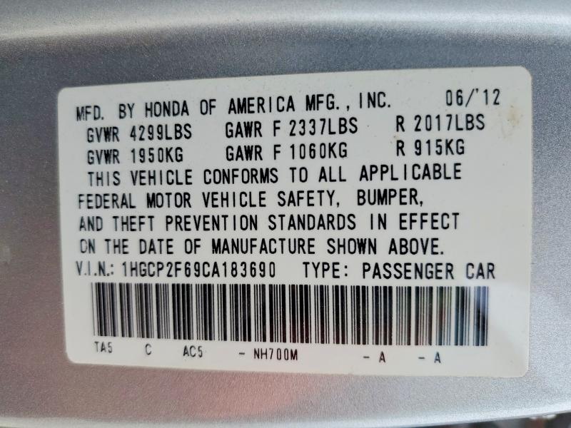 50990636 :رقم المزاد ، 1HGCP2F69CA183690 vin ، 2012 Honda Accord مزاد بيع