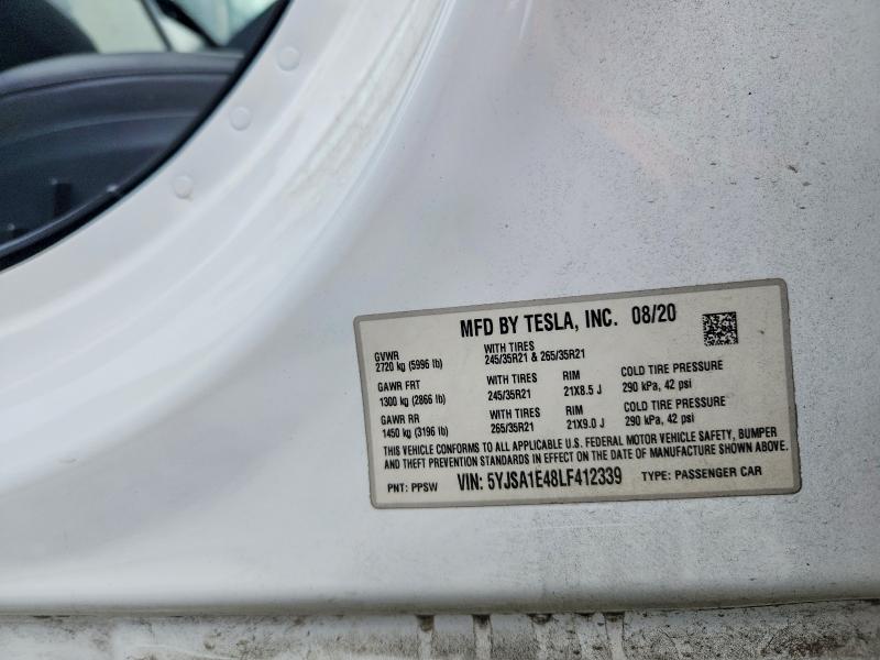 2020 Tesla Model S მანქანა იყიდება აუქციონზე, vin: 5YJSA1E48LF412339, აუქციონის ნომერი: 51542046