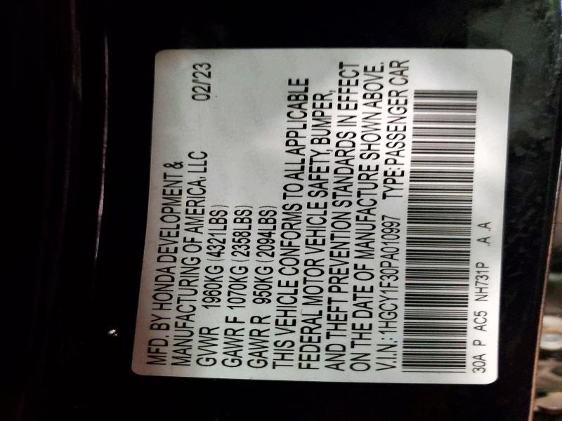 2023 Honda Accord მანქანა იყიდება აუქციონზე, vin: 1HGCY1F30PA010997, აუქციონის ნომერი: 51965326