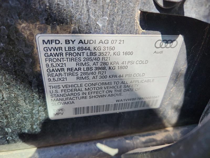 54133306 :رقم المزاد ، WA1VWBF79ND001047 vin ، 2022 Audi Sq7 مزاد بيع