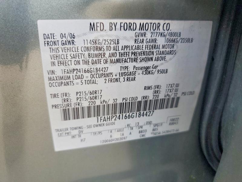 Продажа на аукционе авто 2006 Ford Five Hundred, vin: 1FAHP24166G184427, номер лота: 55206166