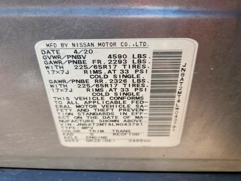 2020 Nissan Rogue მანქანა იყიდება აუქციონზე, vin: JN8AT2MT4LW043791, აუქციონის ნომერი: 54828906
