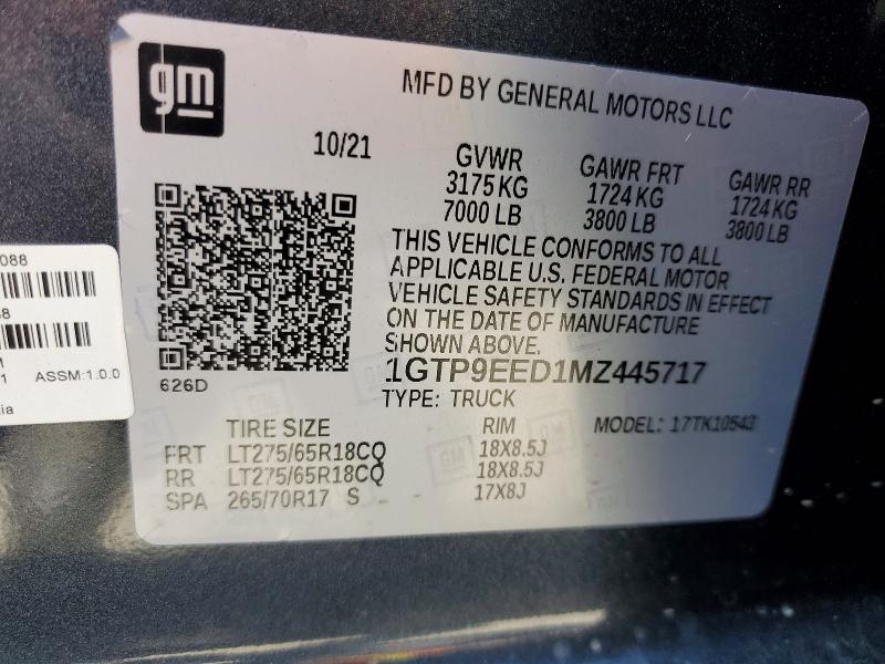 Aukcja sprzedaży 2021 Gmc Sierra, vin: 1GTP9EED1MZ445717, numer aukcji: 53306076