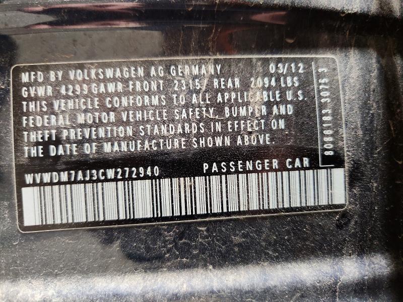2012 Volkswagen Golf მანქანა იყიდება აუქციონზე, vin: WVWDM7AJ3CW272940, აუქციონის ნომერი: 52262006