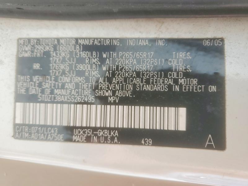 55107116 :رقم المزاد ، 5TDZT38AX5S262495 vin ، 2005 Toyota Sequoia مزاد بيع