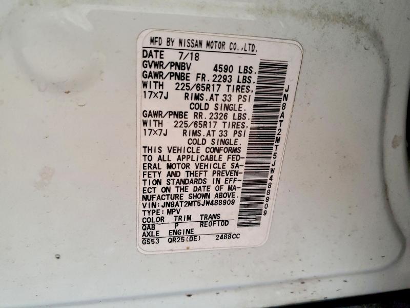 52815036 :رقم المزاد ، JN8AT2MT5JW488909 vin ، 2018 Nissan Rogue مزاد بيع