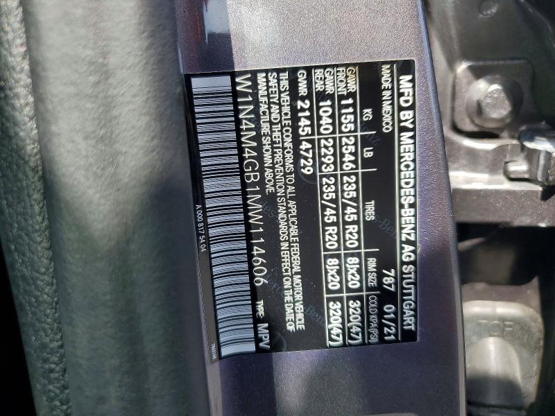 52958606 :رقم المزاد ، W1N4M4GB1MW114606 vin ، 2021 Mercedes-benz Glb مزاد بيع