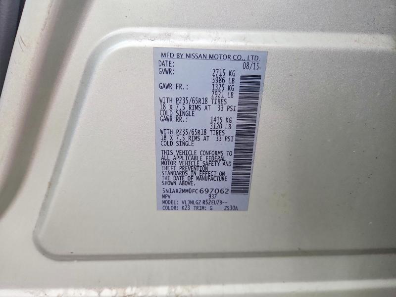 2015 Nissan Pathfinder მანქანა იყიდება აუქციონზე, vin: 5N1AR2MM0FC697062, აუქციონის ნომერი: 53247656