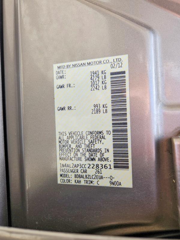 52966556 :رقم المزاد ، 1N4AL2AP3CC228361 vin ، 2012 Nissan Altima مزاد بيع