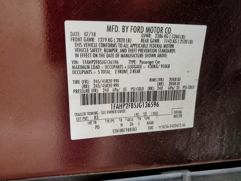 53956976 :رقم المزاد ، 1FAHP2F85JG136596 vin ، 2018 Ford Taurus مزاد بيع