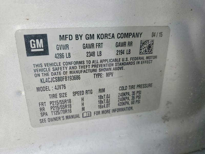 52237846 :رقم المزاد ، KL4CJCSB0FB193686 vin ، 2015 Buick Encore مزاد بيع