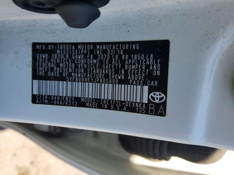 53873376 :رقم المزاد ، 5YFBURHE1JP805899 vin ، 2018 Toyota Corolla مزاد بيع