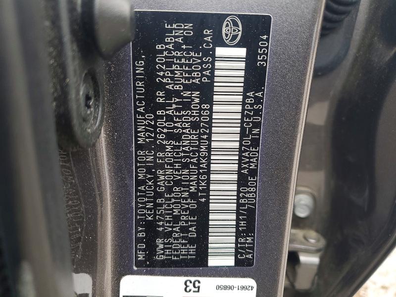 2021 Toyota Camry მანქანა იყიდება აუქციონზე, vin: 4T1K61AK9MU427068, აუქციონის ნომერი: 53339956