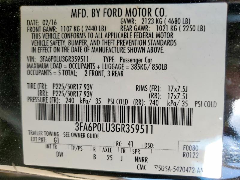 2016 Ford Fusion მანქანა იყიდება აუქციონზე, vin: 3FA6P0LU3GR359511, აუქციონის ნომერი: 54882816
