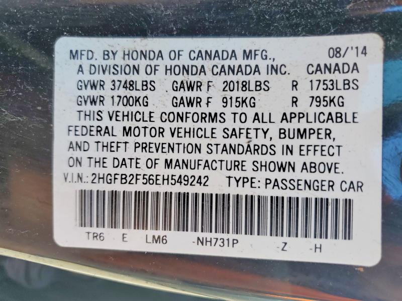 2014 Honda Civic მანქანა იყიდება აუქციონზე, vin: 2HGFB2F56EH549242, აუქციონის ნომერი: 52856836