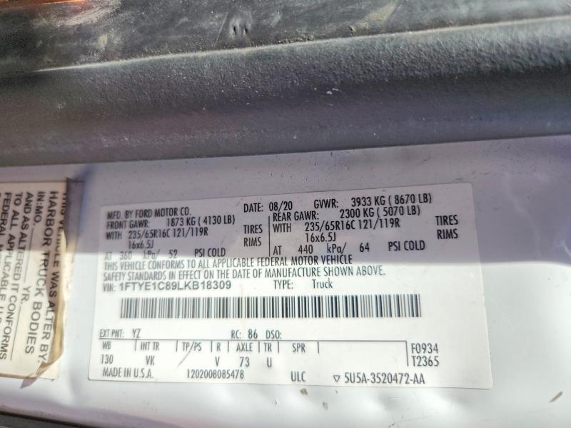 2020 Ford Transit მანქანა იყიდება აუქციონზე, vin: 1FTYE1C89LKB18309, აუქციონის ნომერი: 54122146