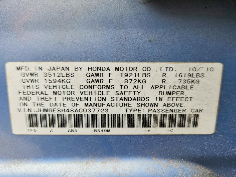 52507776 :رقم المزاد ، JHMGE8H48AC037723 vin ، 2010 Honda Fit مزاد بيع