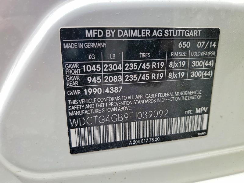 52361256 :رقم المزاد ، WDCTG4GB9FJ039092 vin ، 2015 Mercedes-benz Gla مزاد بيع